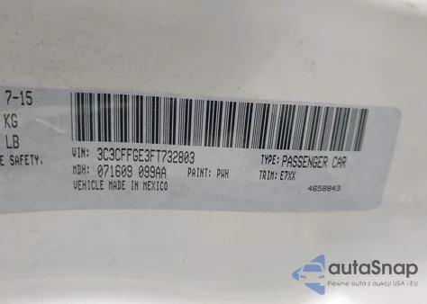 2015 Fiat 500E Battery Electric z USA, uszkodzony, nr VIN 3C3CFFGE3FT732803